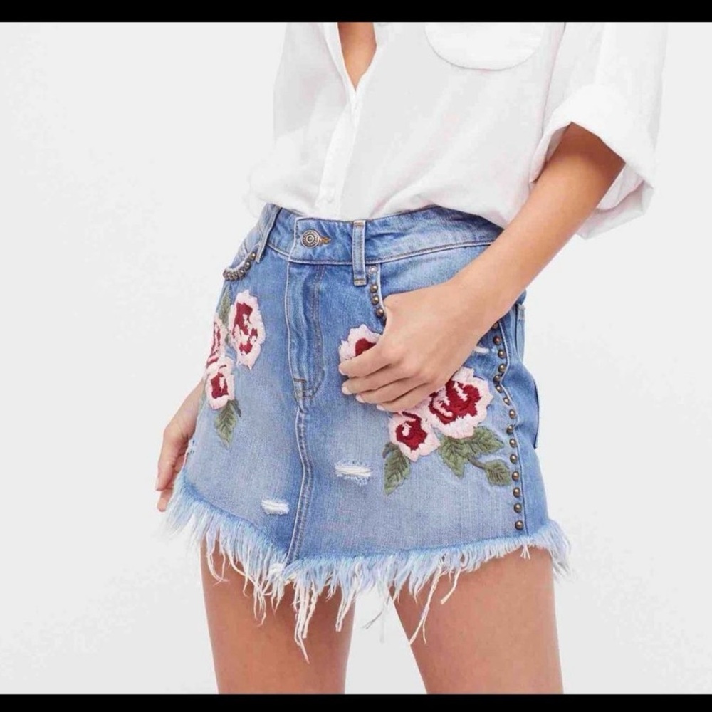 Free People Wild Rose Embroidered Mini Skirt